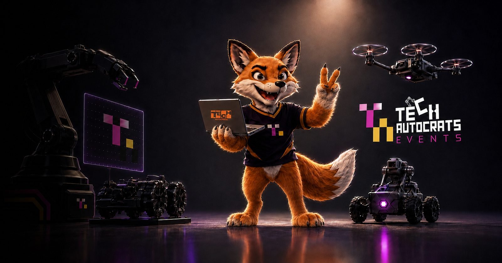 The Tech Autocrats Events mascot — a fox holding a laptop and giving a peace sign, surrounded by a robot arm, a drone and a rover